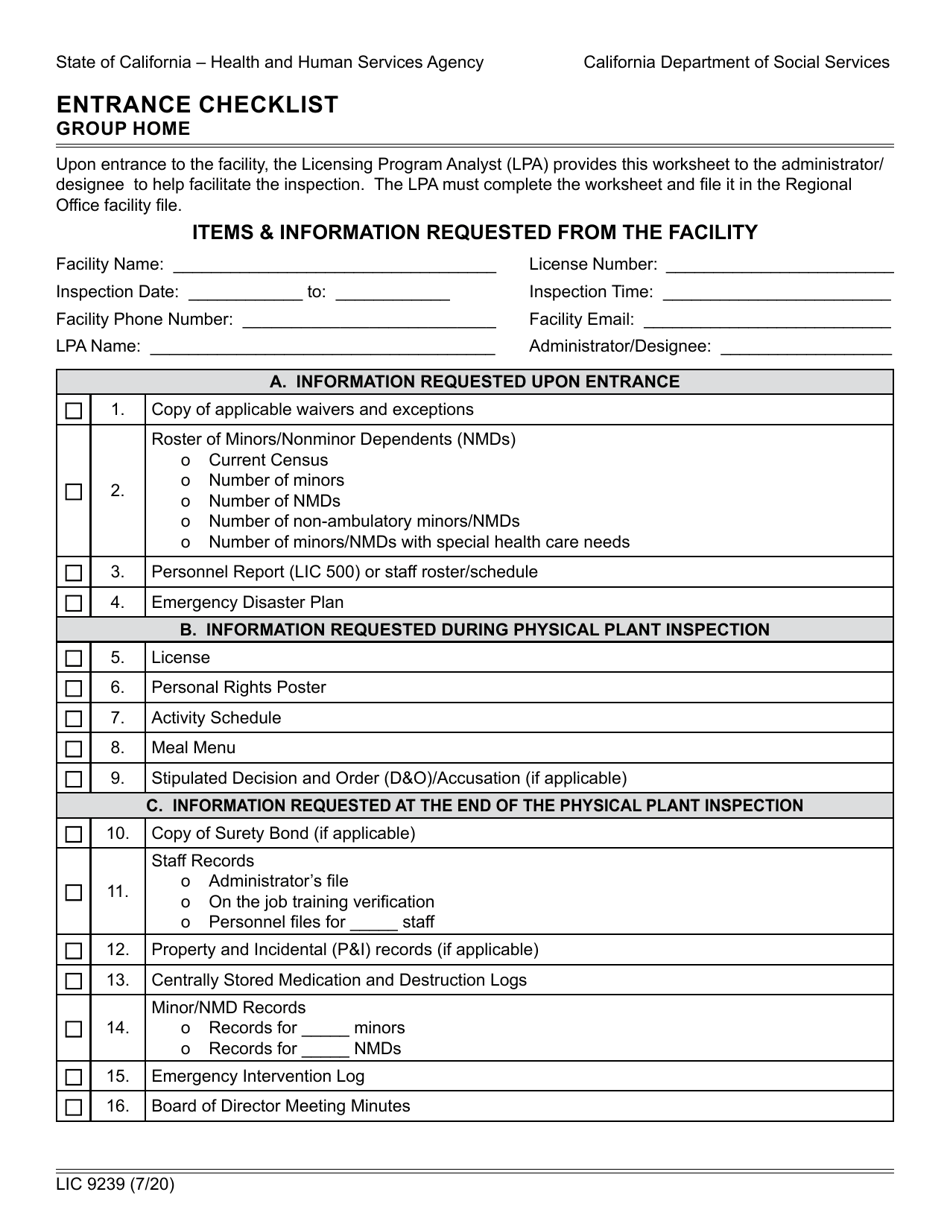Form LIC9239 Entrance Checklist Group Home - California, Page 1