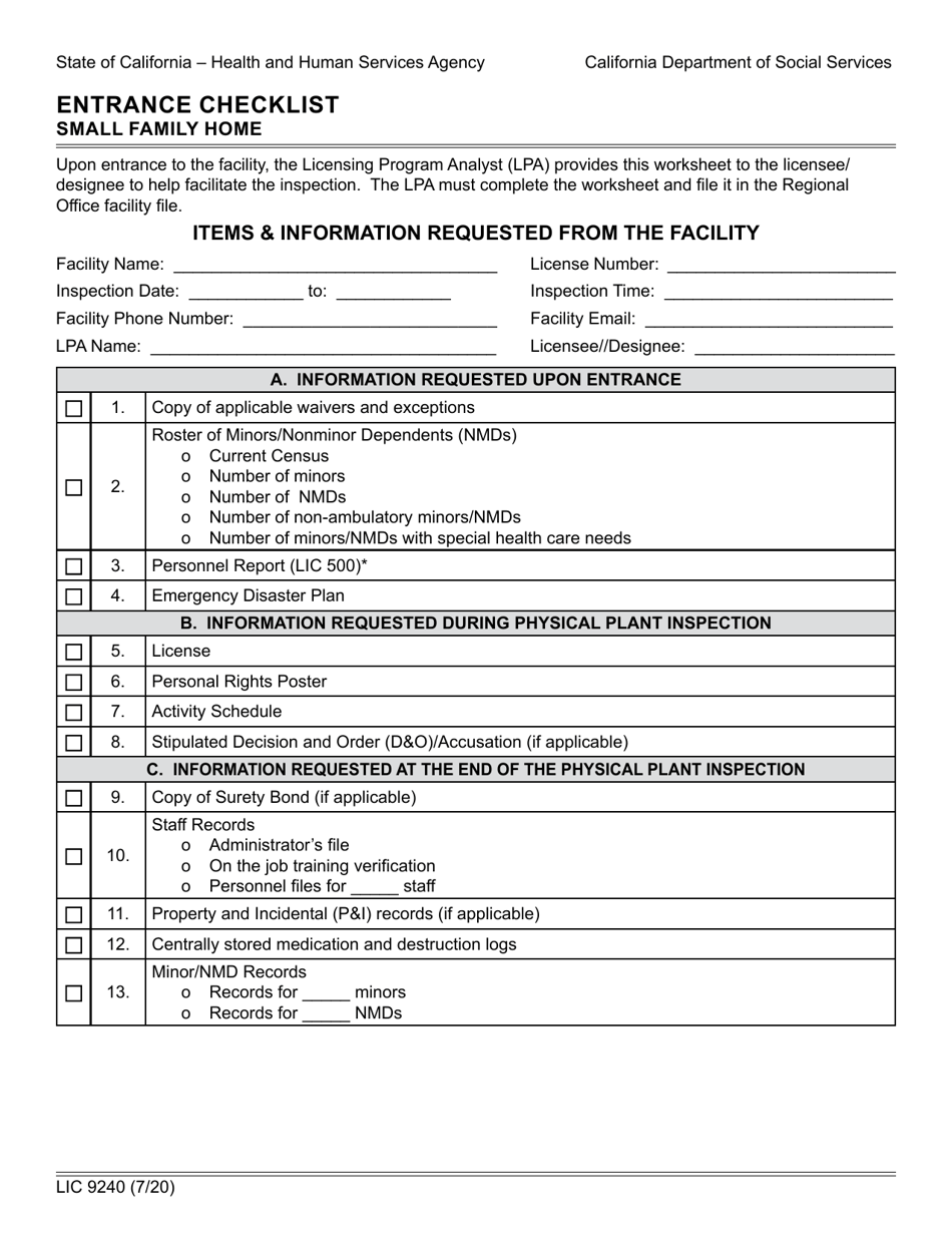 Form LIC9240 Entrance Checklist Small Family Home - California, Page 1