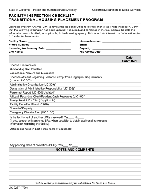 Form LIC9237 Facility Inspection Checklist Transitional Housing Placement Program - California