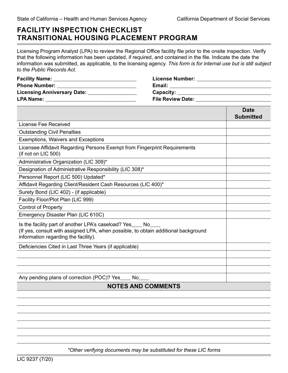 Form LIC9237 Facility Inspection Checklist Transitional Housing Placement Program - California, Page 1