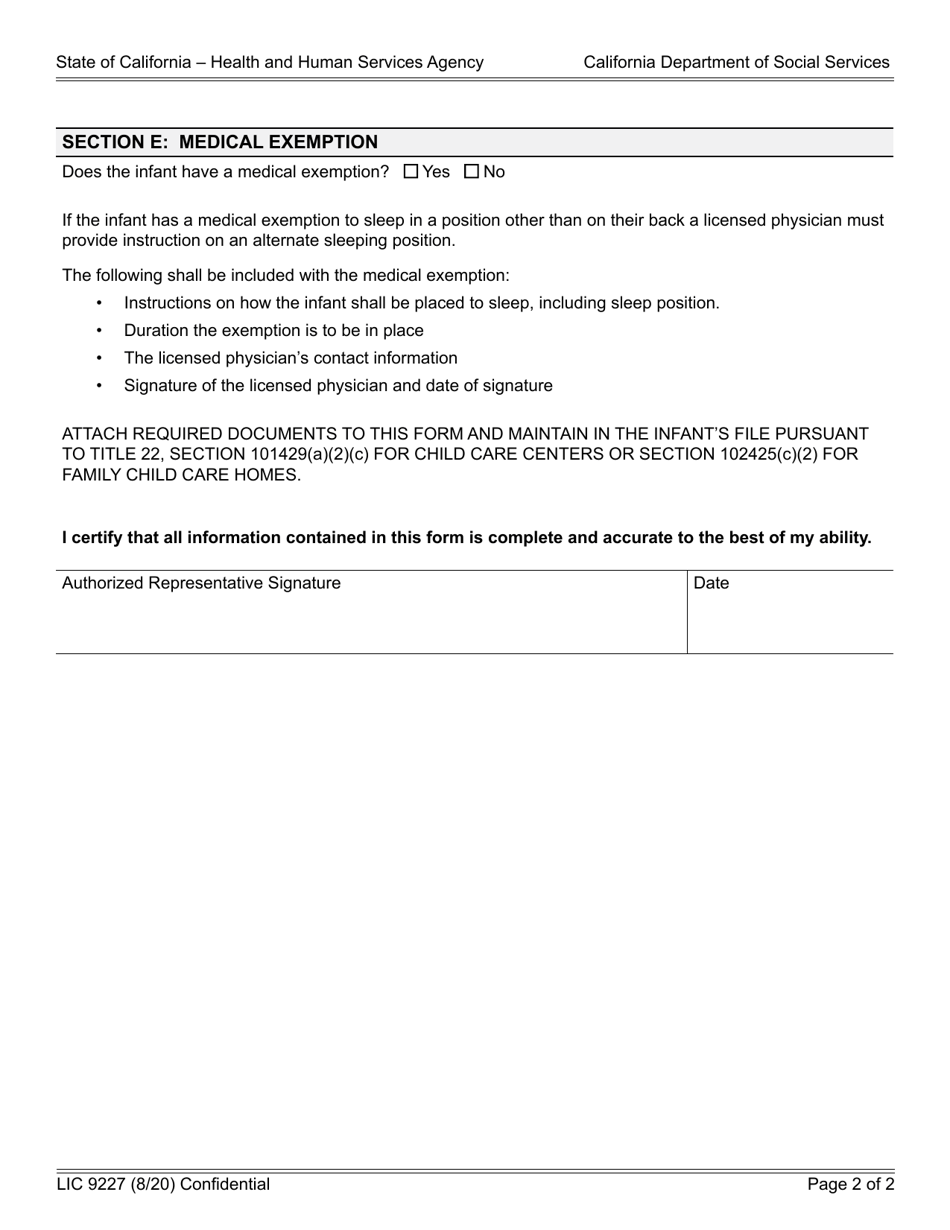 Form LIC9227 Individual Infant Sleeping Plan - California, Page 2
