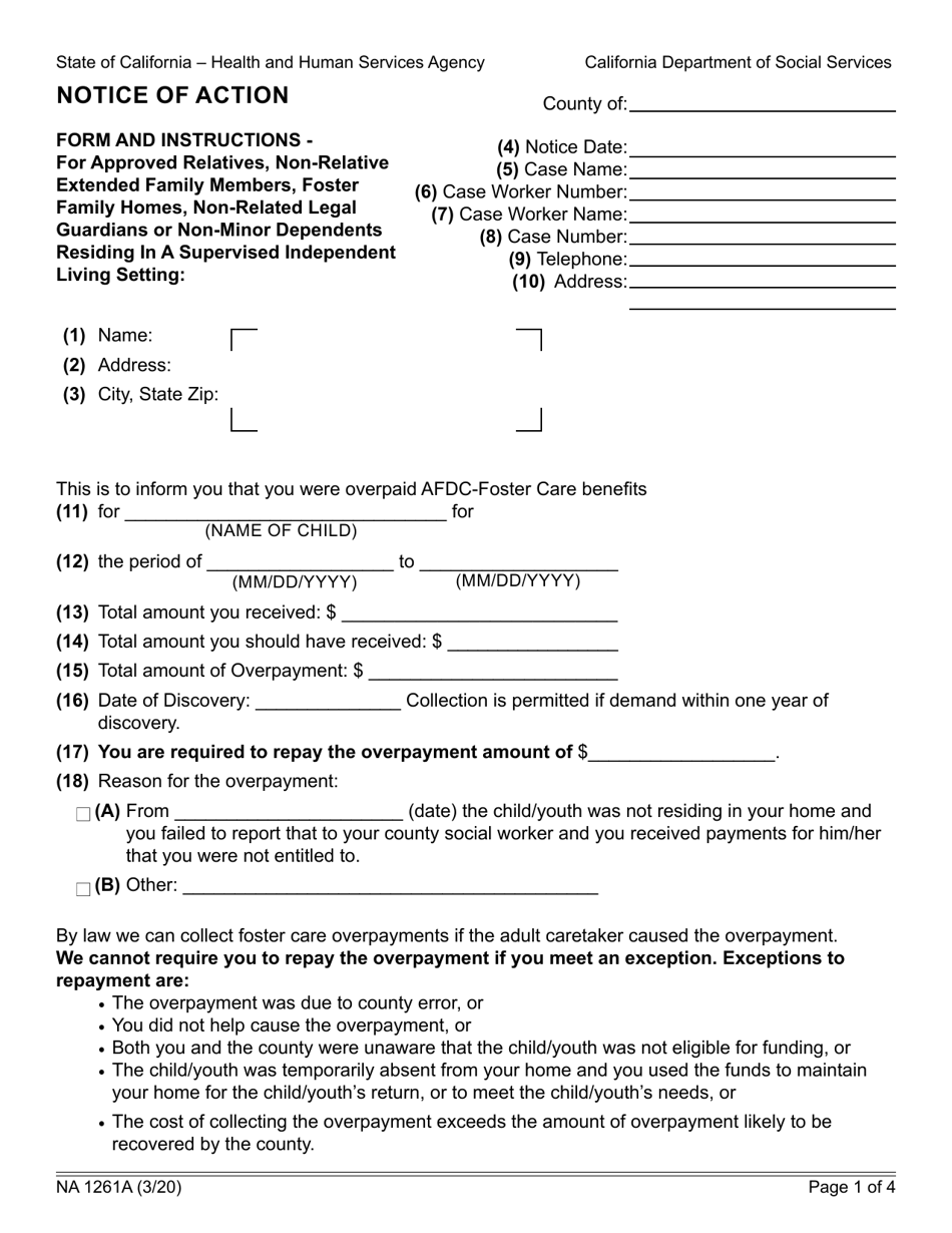 Form NA1261A Notice of Action - for Approved Relatives, Non-relative Extended Family Members, Foster Family Homes, Non-related Legal Guardians or Non-minor Dependents Residing in a Supervised Independent Living Setting - California, Page 1