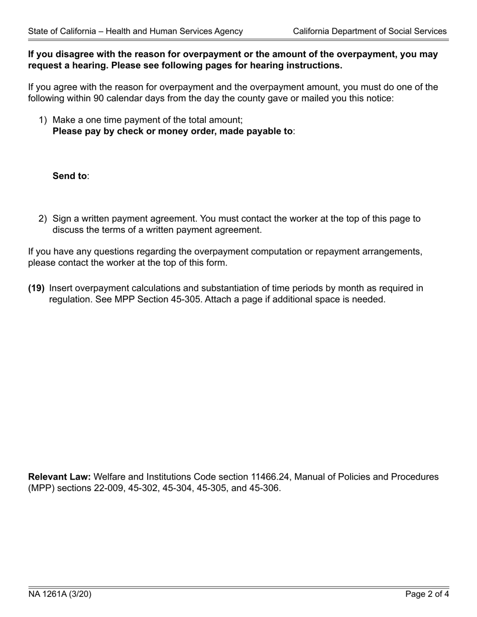 Form NA1261A Notice of Action - for Approved Relatives, Non-relative Extended Family Members, Foster Family Homes, Non-related Legal Guardians or Non-minor Dependents Residing in a Supervised Independent Living Setting - California, Page 2
