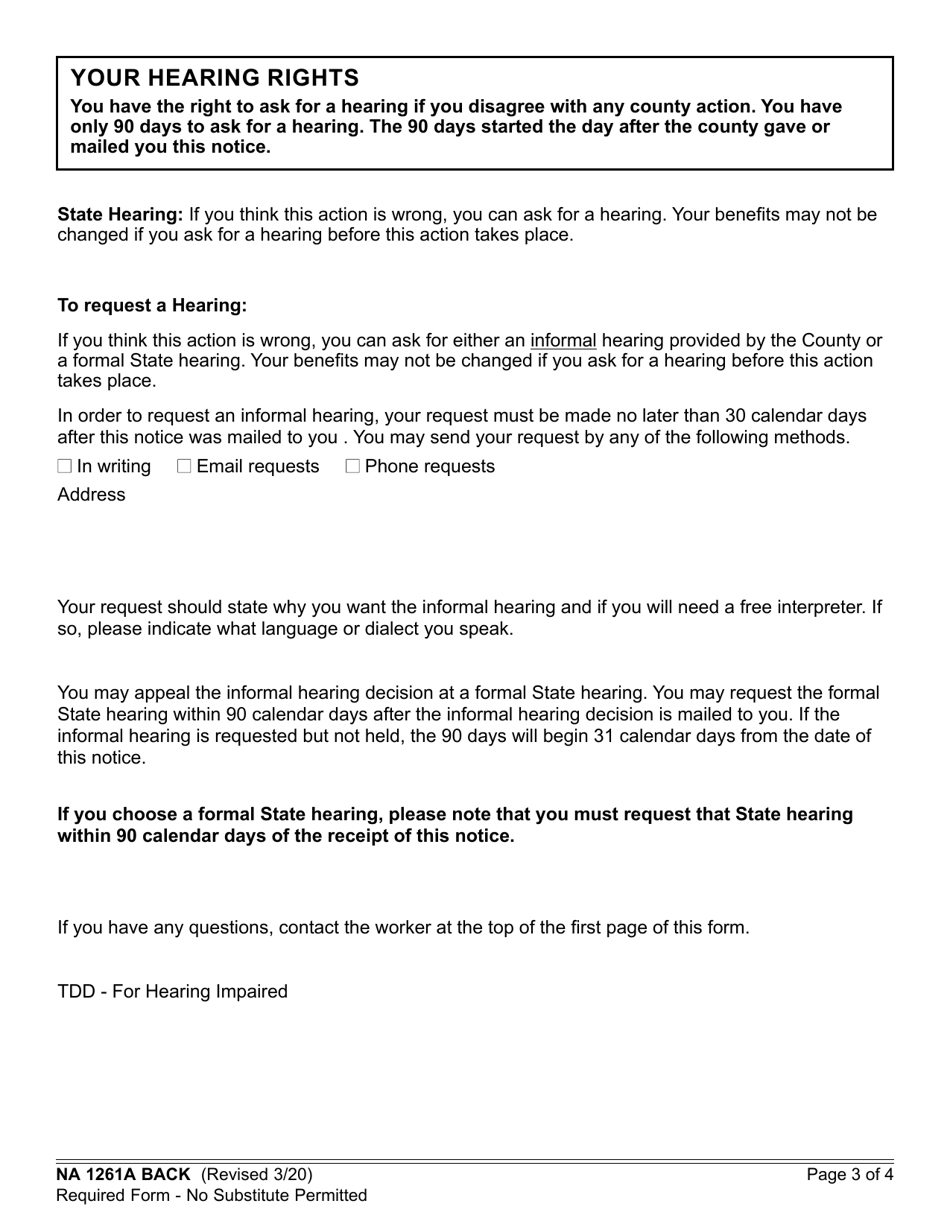 Form NA1261A Notice of Action - for Approved Relatives, Non-relative Extended Family Members, Foster Family Homes, Non-related Legal Guardians or Non-minor Dependents Residing in a Supervised Independent Living Setting - California, Page 3