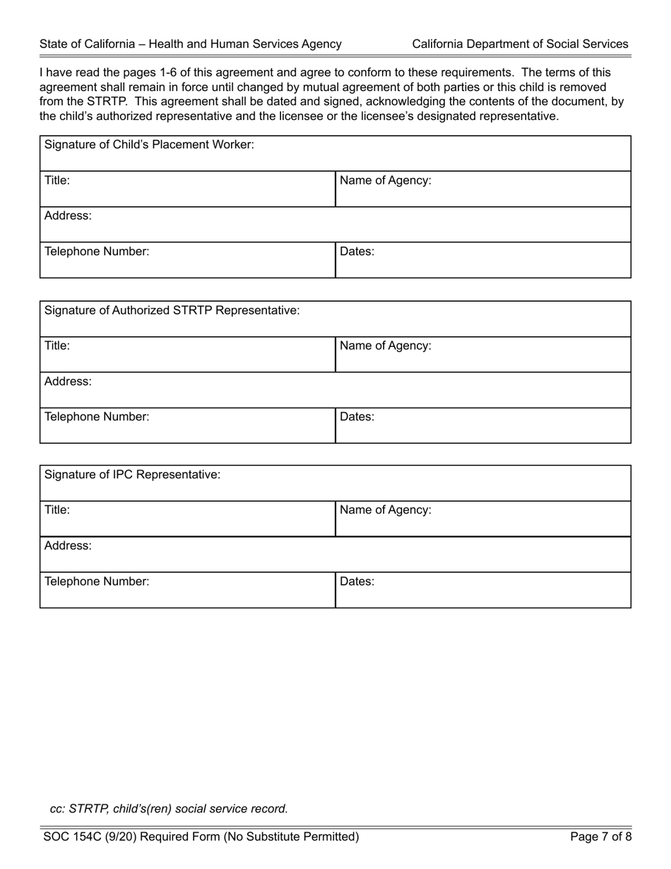 Form SOC154C Agency - Short-Term Residential Therapeutic Program (Strtp) Admission Agreement Child Placed by Agency Into Strtp - California, Page 7