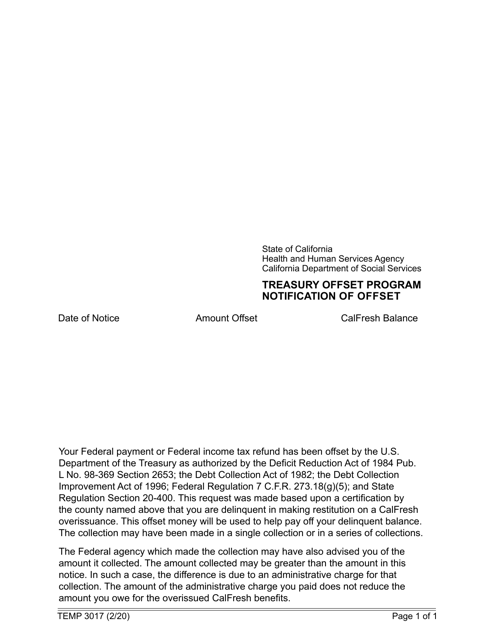 Form TEMP3017 Treasury Offset Program Notification of Offset - California