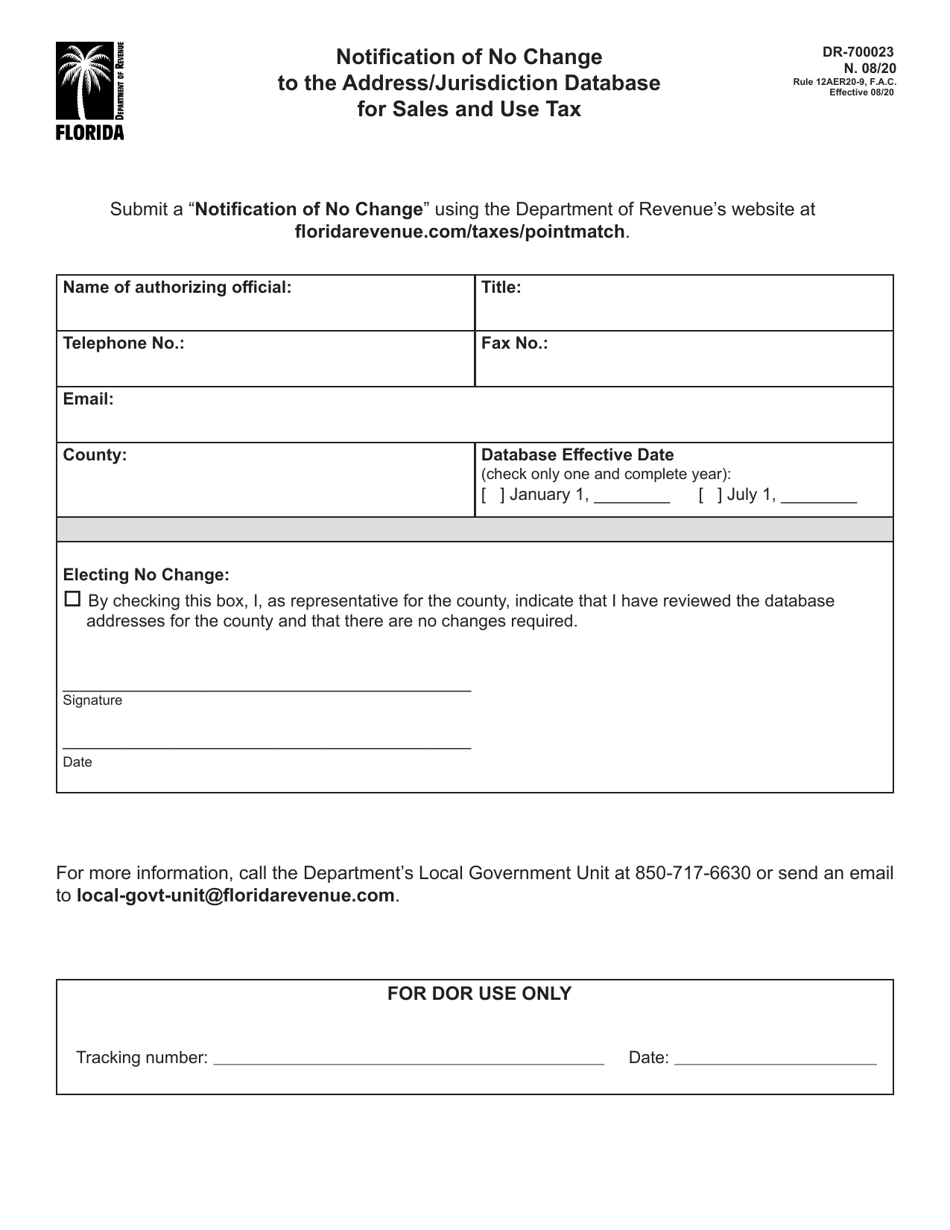 Form DR-700023 Notification of No Change to the Address / Jurisdiction Database for Sales and Use Tax - Florida, Page 1