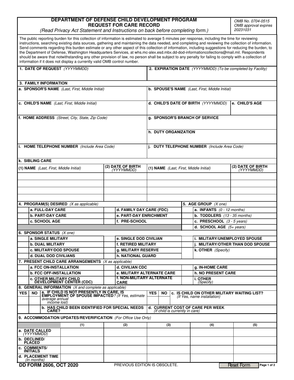 DD Form 2606 Download Fillable PDF or Fill Online Request for Care ...