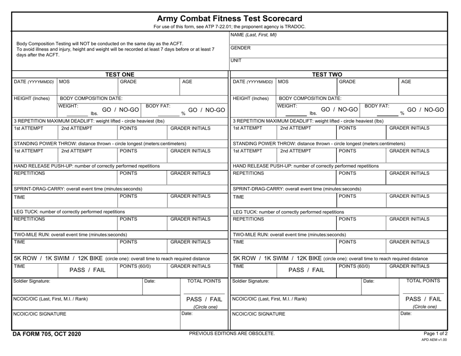 DA Form 705 Army Combat Fitness Test Scorecard, Page 1