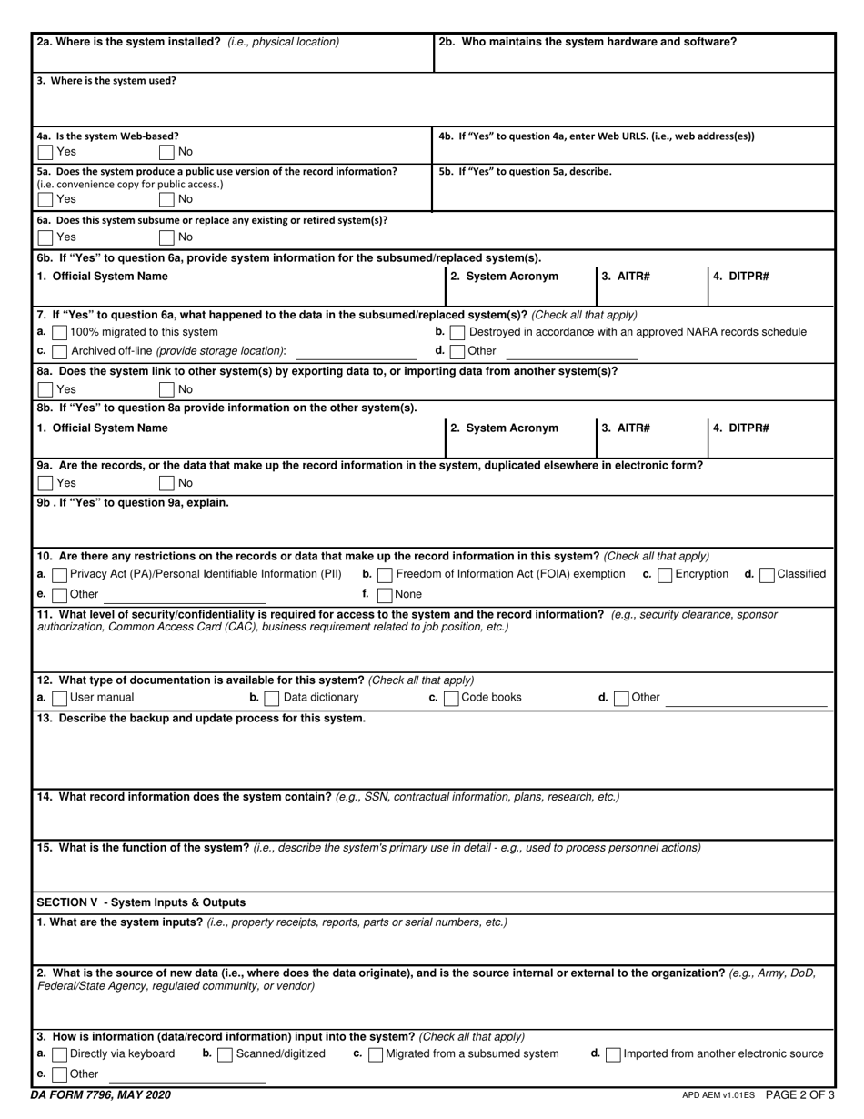 DA Form 7796 Automated Information Systems (Ais) Questionnaire, Page 2