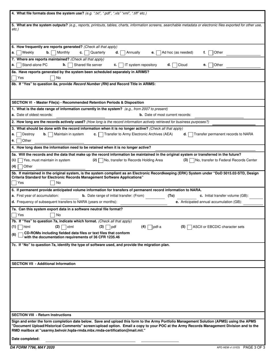 DA Form 7796 Automated Information Systems (Ais) Questionnaire, Page 3