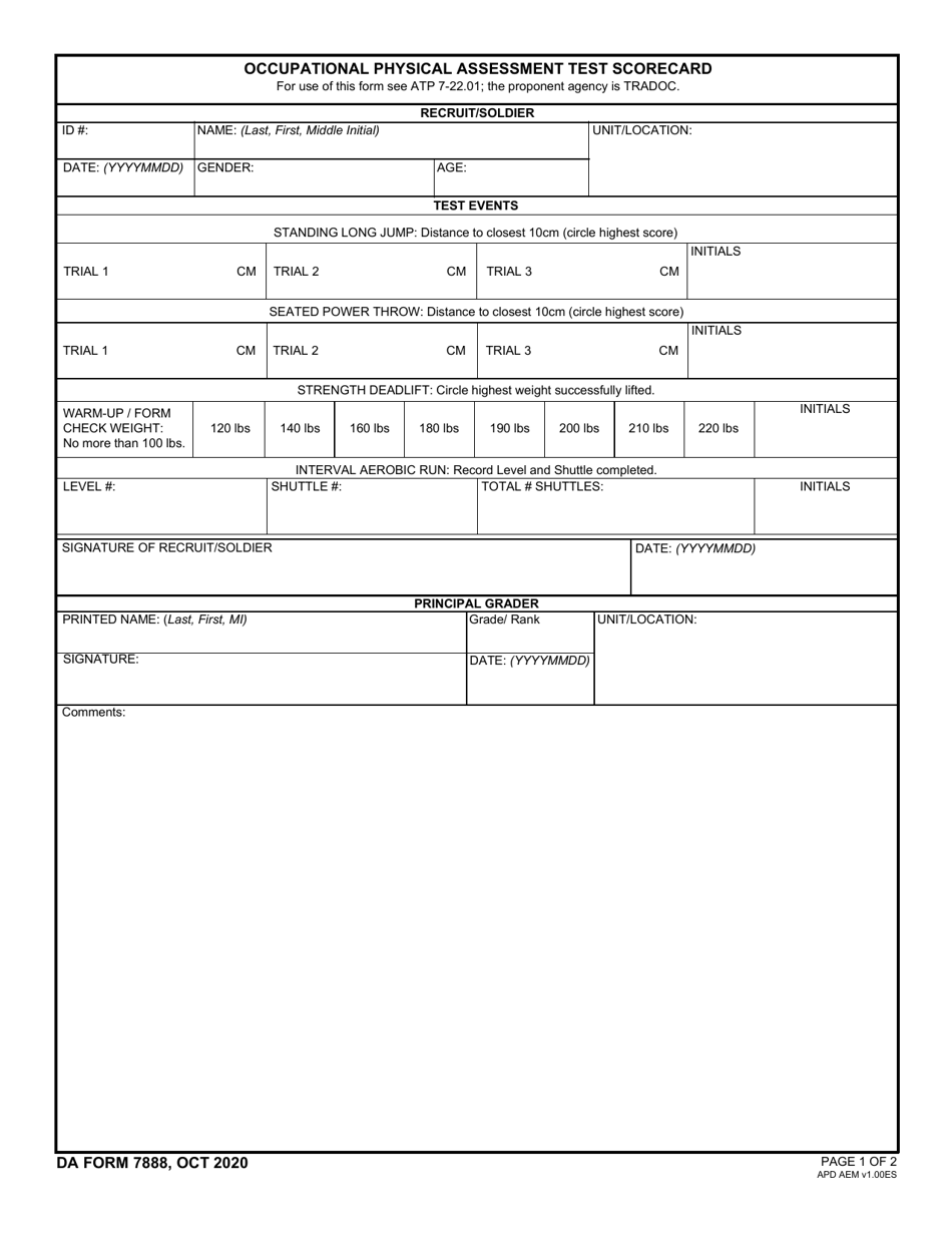 DA Form 7888 Occupational Physical Assessment Test Scorecard, Page 1