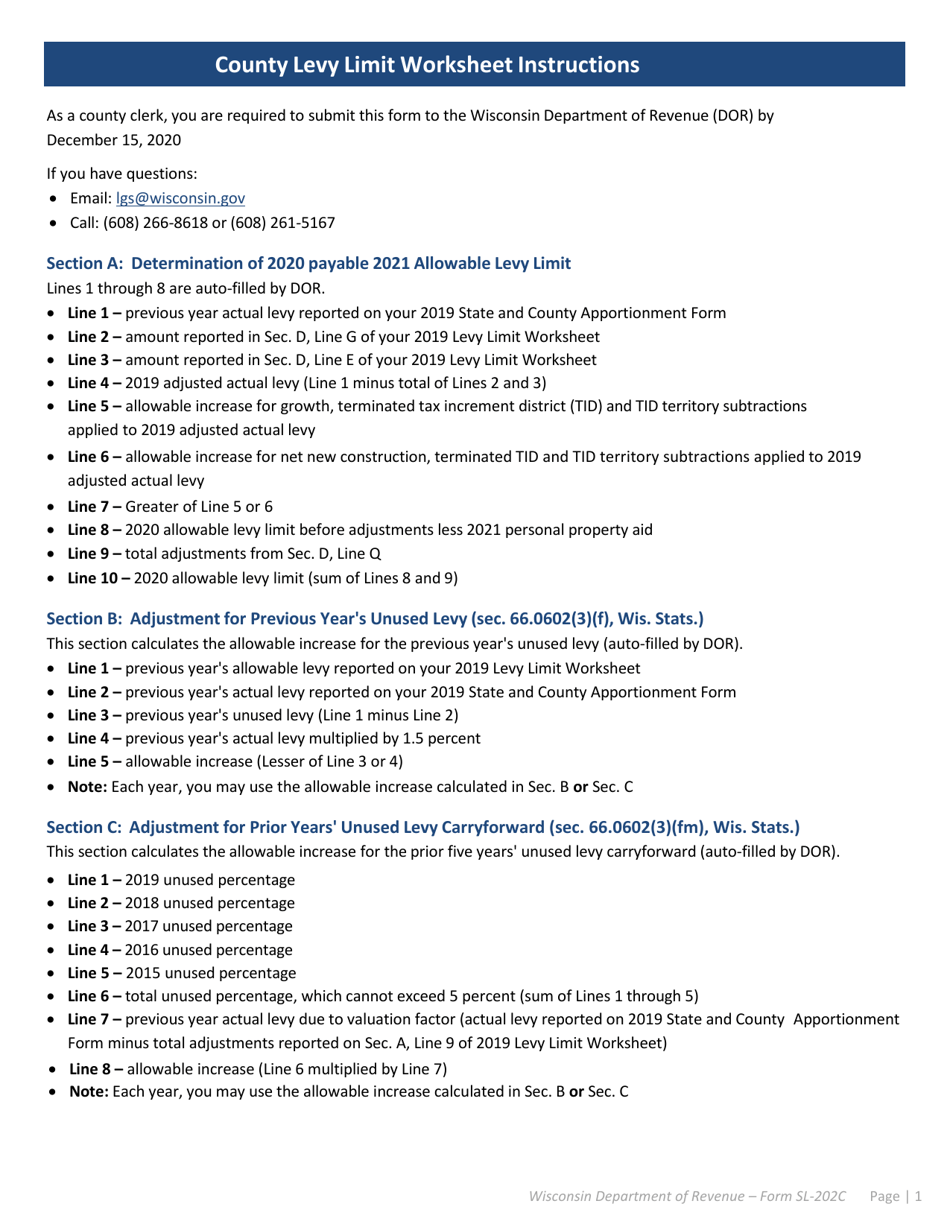 Instructions for Form SL-202C County Levy Limit Worksheet - Wisconsin, Page 1