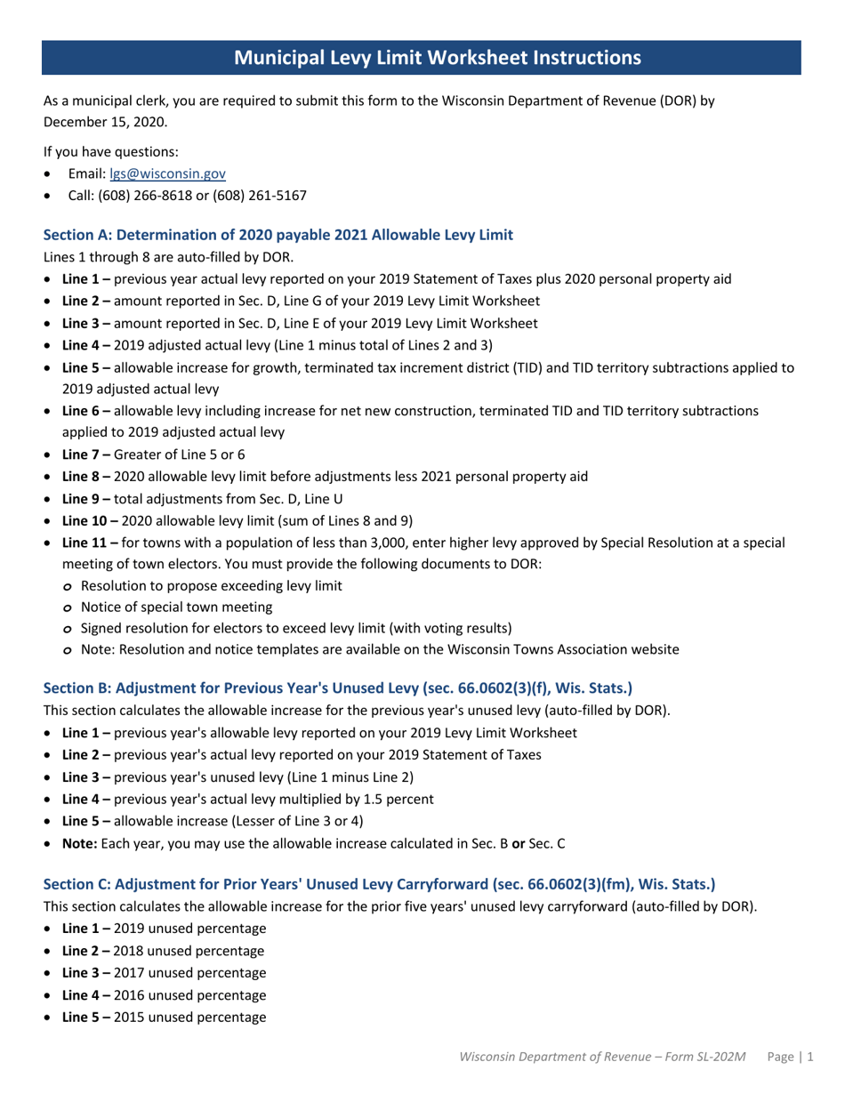 Instructions for Form SL-202M Municipal Levy Limit Worksheet - Wisconsin, Page 1