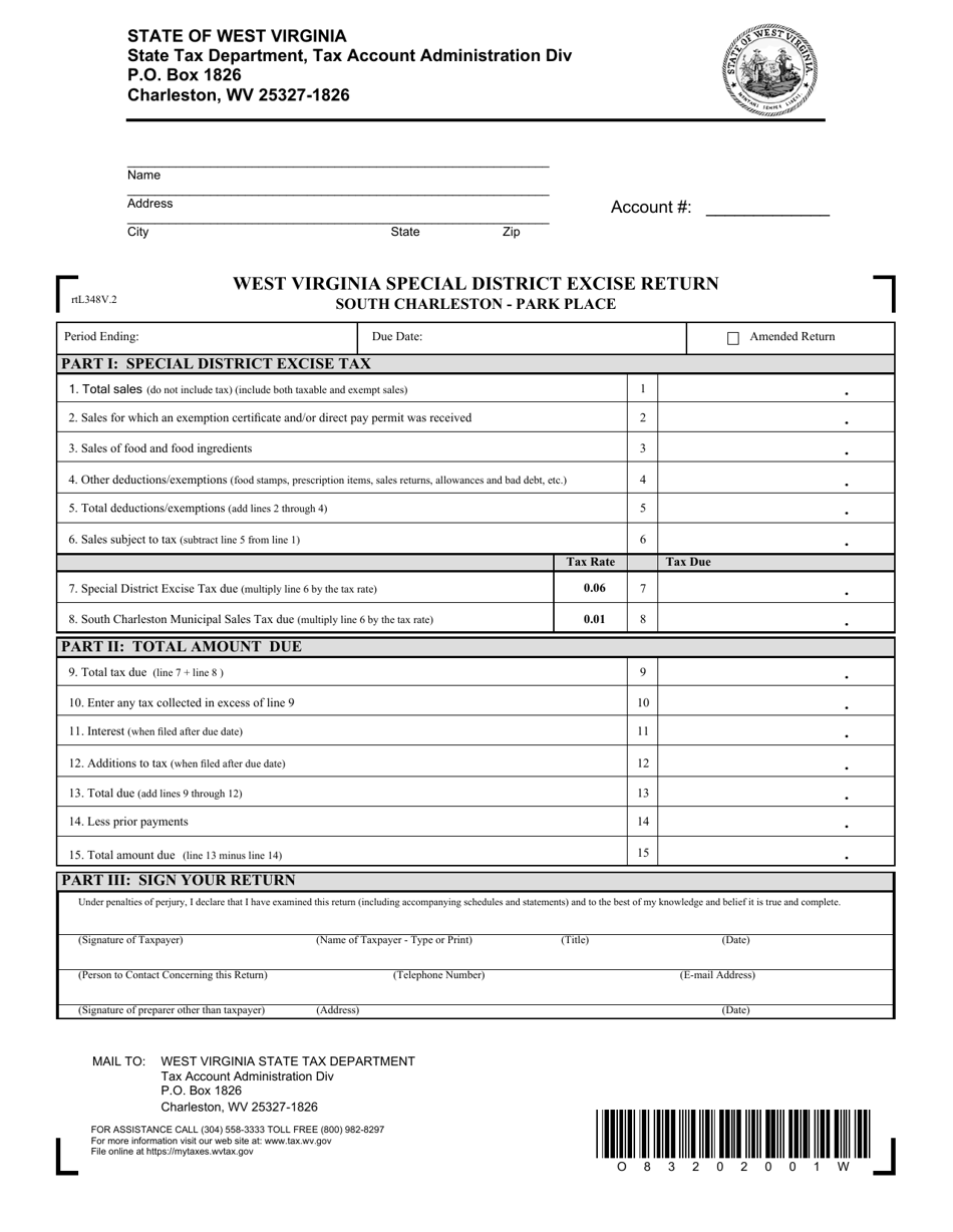 Form RTL-348 West Virginia Special District Excise Return South Charleston - Park Place - South Charleston, West Virginia, Page 1