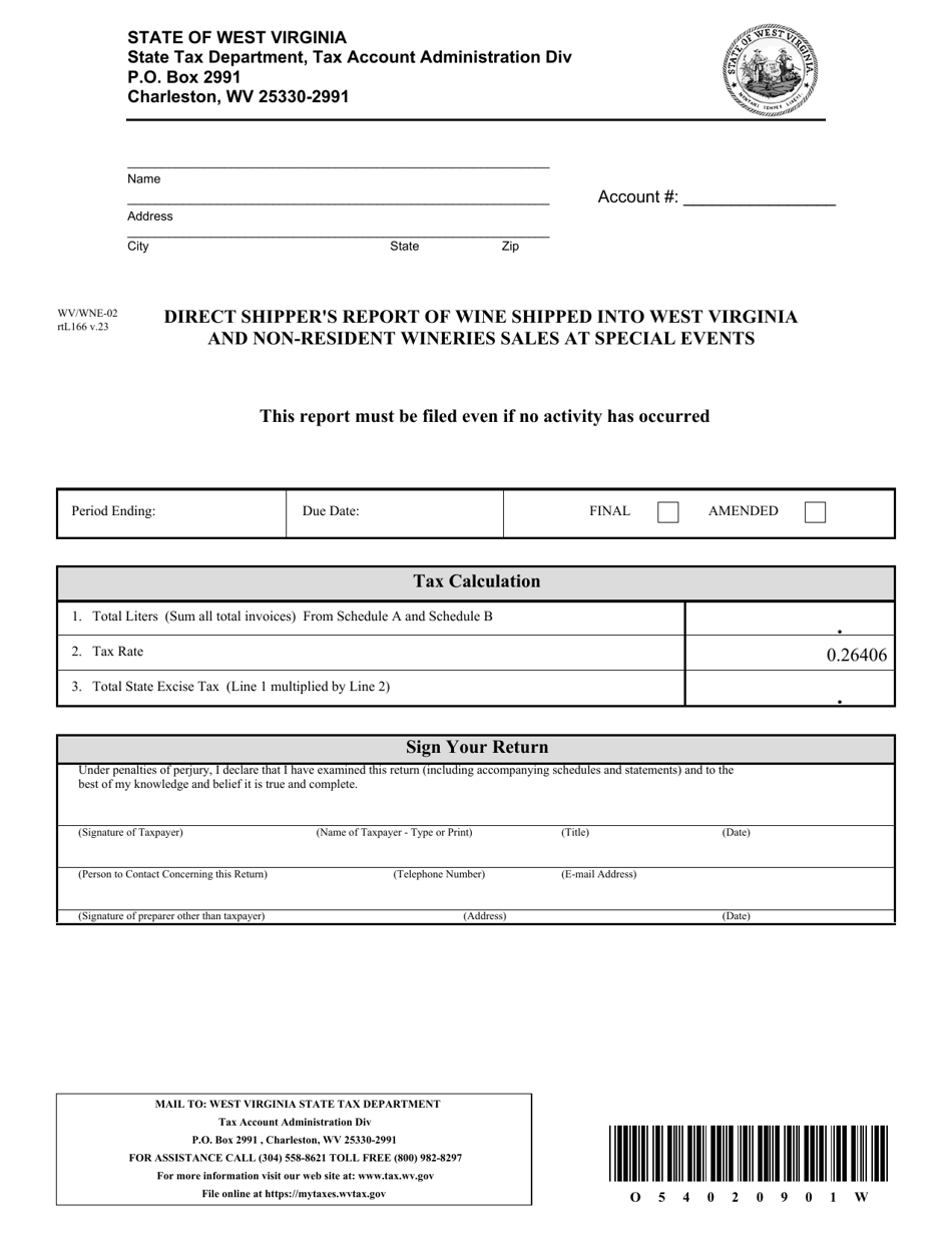 Form WV / WNE-02 Direct Shippers Report of Wine Shipped Into West Virginia and Non-resident Wineries Sales at Special Events - West Virginia, Page 1