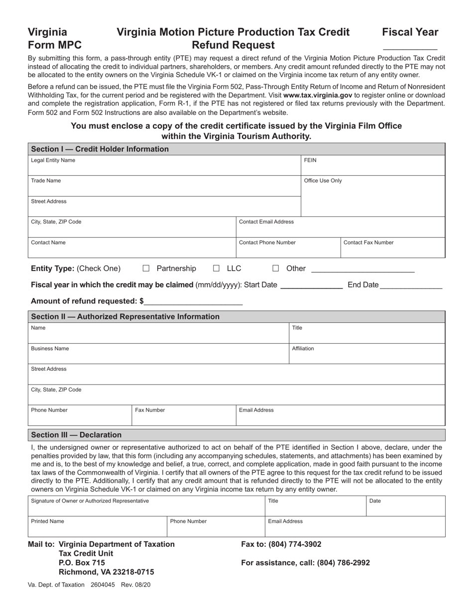 Form MPC Virginia Motion Picture Production Tax Credit Refund Request - Virginia, Page 1
