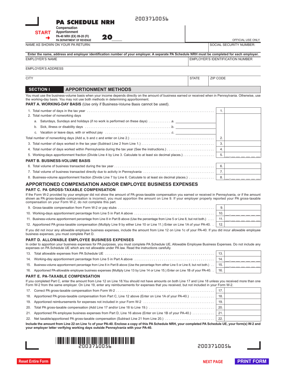 Form PA-40 Schedule NRH Compensation Apportionment - Pennsylvania, Page 1