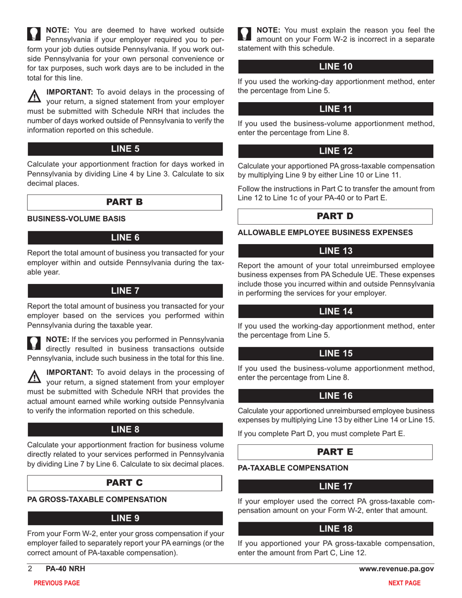 Form PA-40 Schedule NRH Compensation Apportionment - Pennsylvania, Page 4