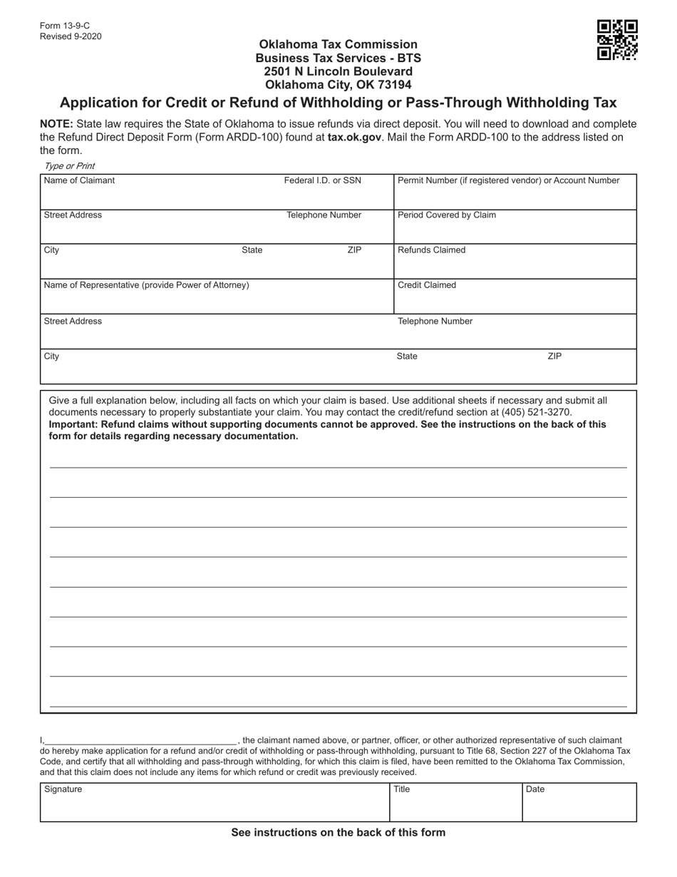 Form 13-9-C Application for Credit or Refund of Withholding or Pass-Through Withholding Tax - Oklahoma, Page 1