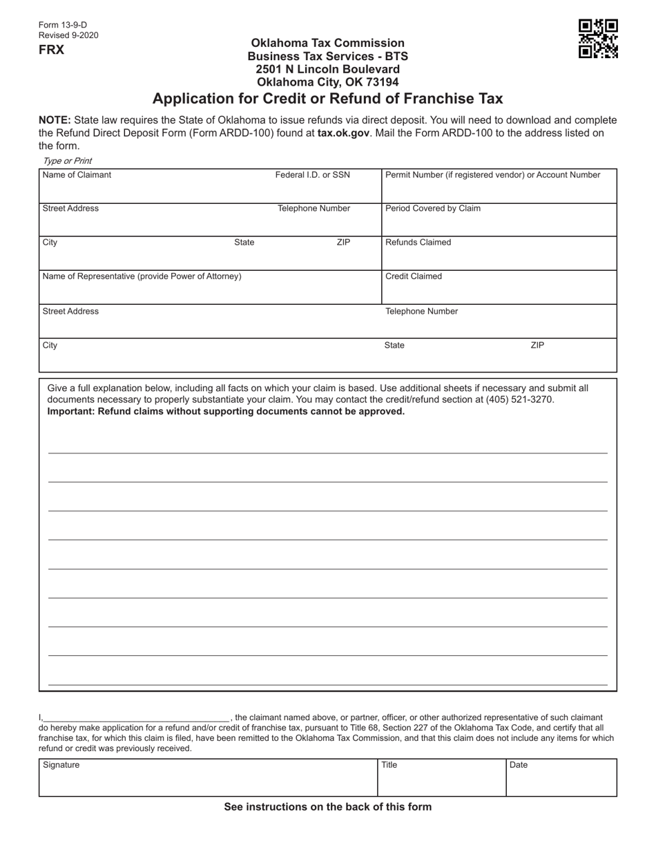Form 13-9-D Application for Credit or Refund of Franchise Tax - Oklahoma, Page 1