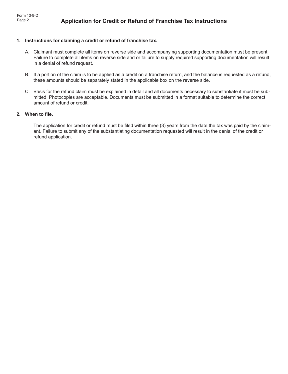 Form 13-9-D Application for Credit or Refund of Franchise Tax - Oklahoma, Page 2