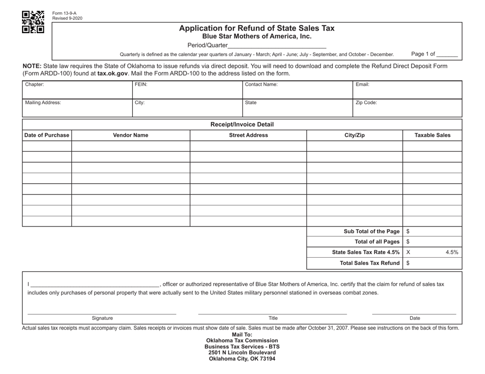 Form 13-9-A Application for Refund of Sales Tax - Blue Star Mothers of America - Oklahoma, Page 1