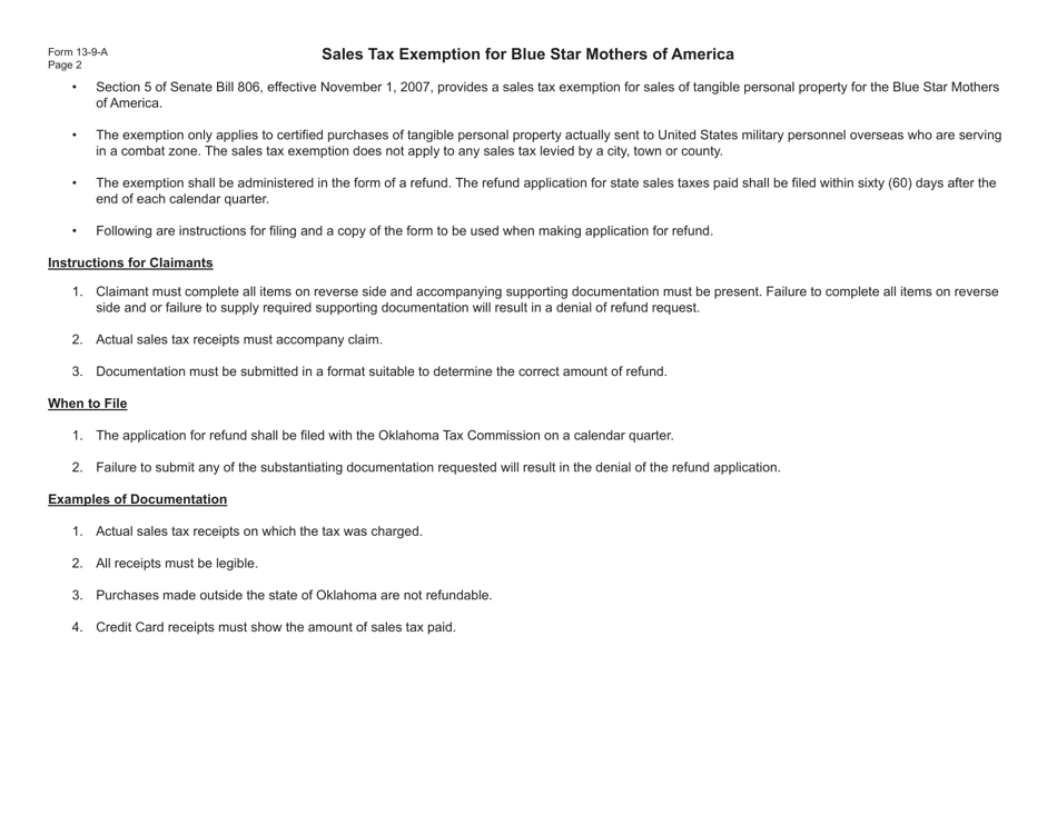 Form 13-9-A Application for Refund of Sales Tax - Blue Star Mothers of America - Oklahoma, Page 2
