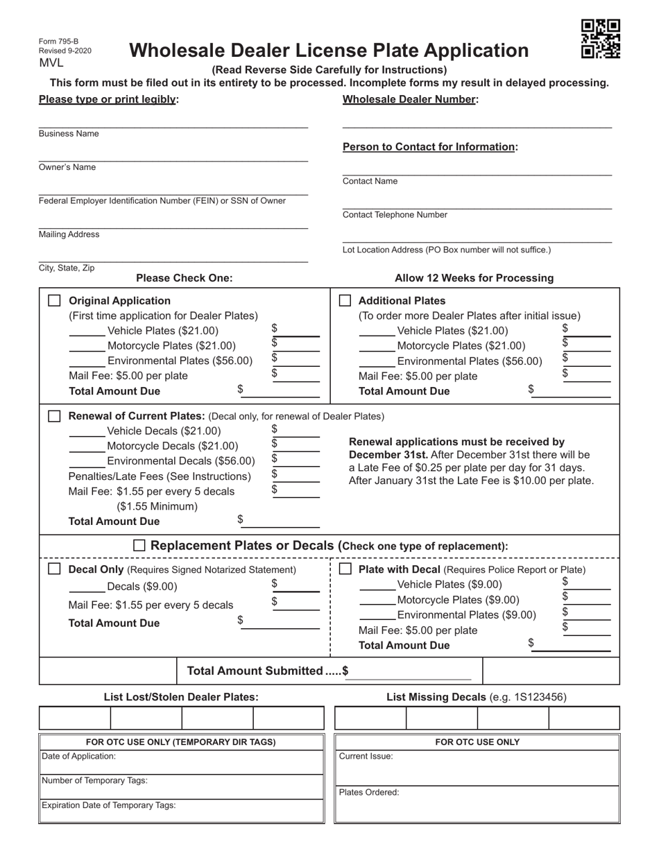 Form 795-B Wholesale Dealer License Plate Application - Oklahoma, Page 1