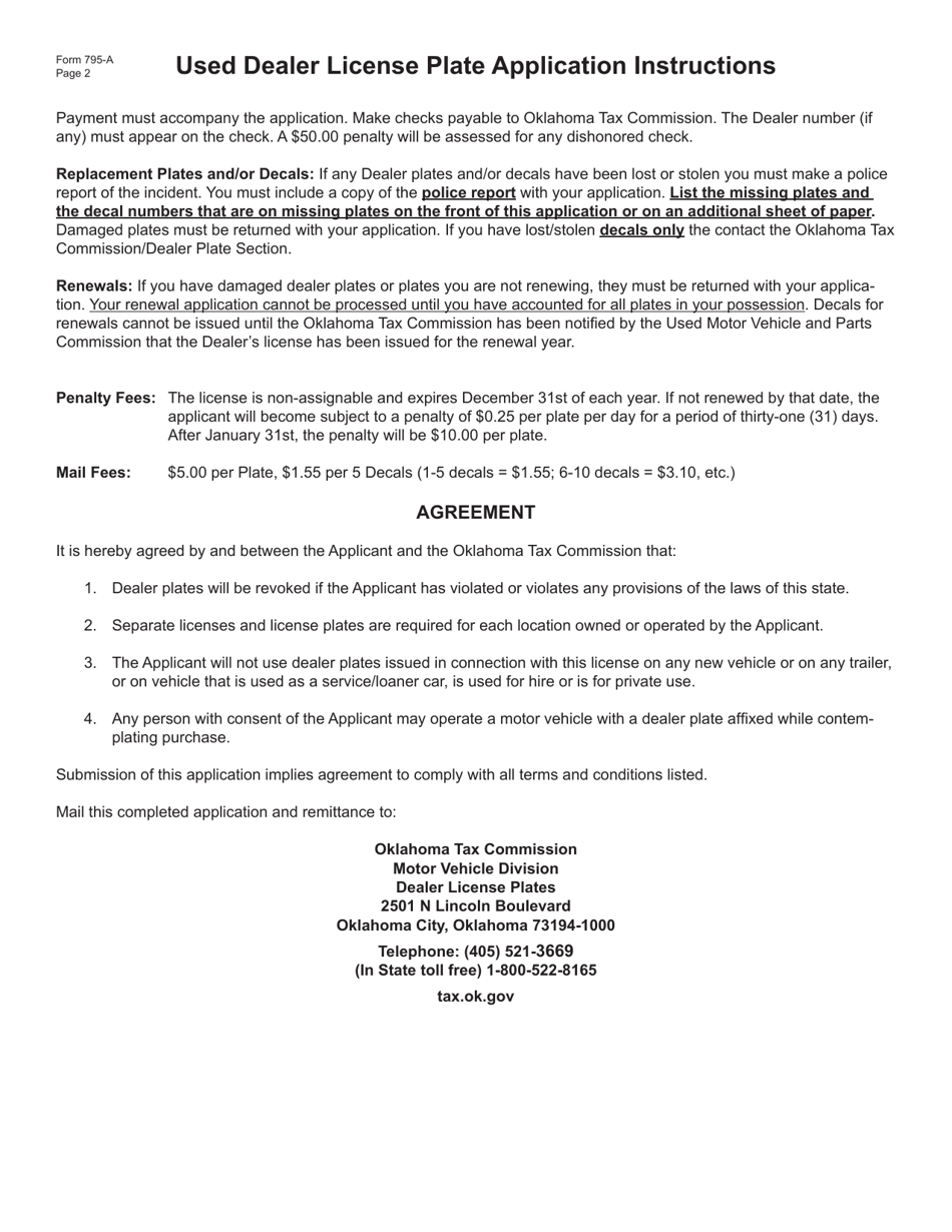 Form 795-A Used Dealer License Plate Application - Oklahoma, Page 2