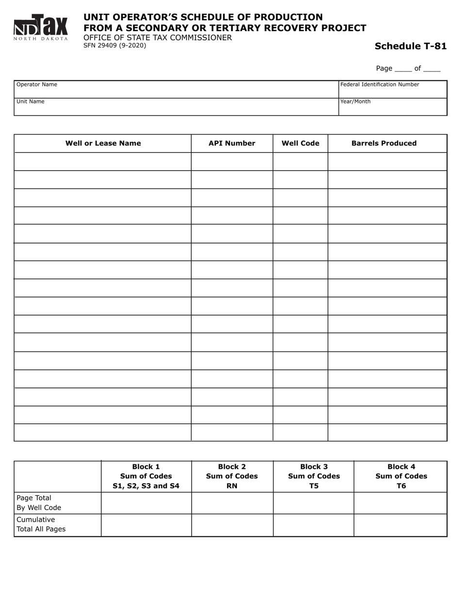 Form SFN29409 Schedule T-81 Unit Operators Schedule of Production From a Secondary or Tertiary Recovery Project - North Dakota, Page 1