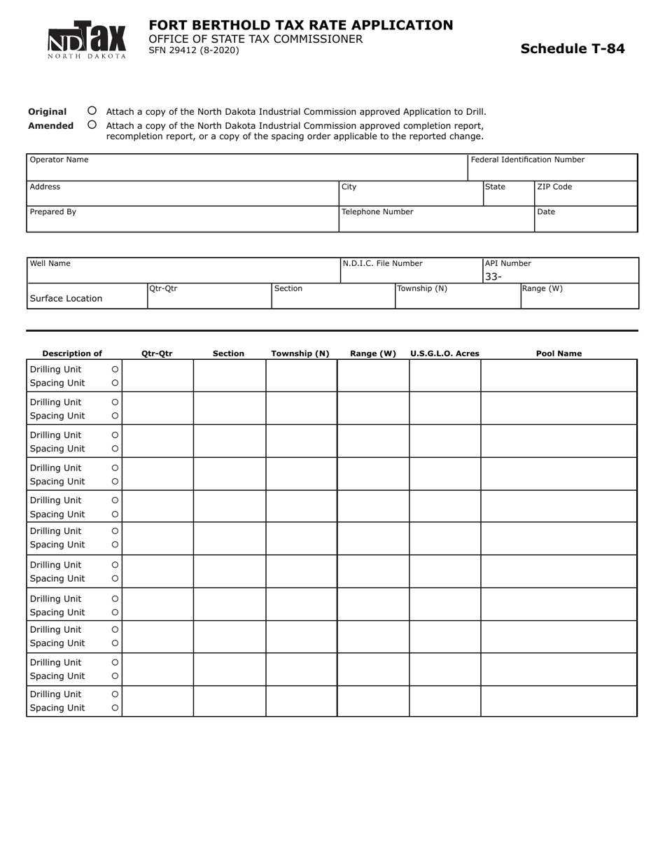 Form SFN29412 Schedule T-84 Fort Berthold Tax Rate Application - North Dakota, Page 1