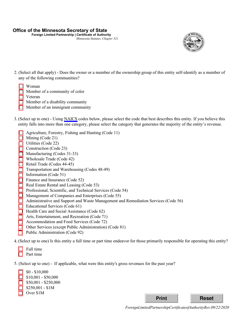 Foreign Limited Partnership Certificate of Authority - Minnesota, Page 3