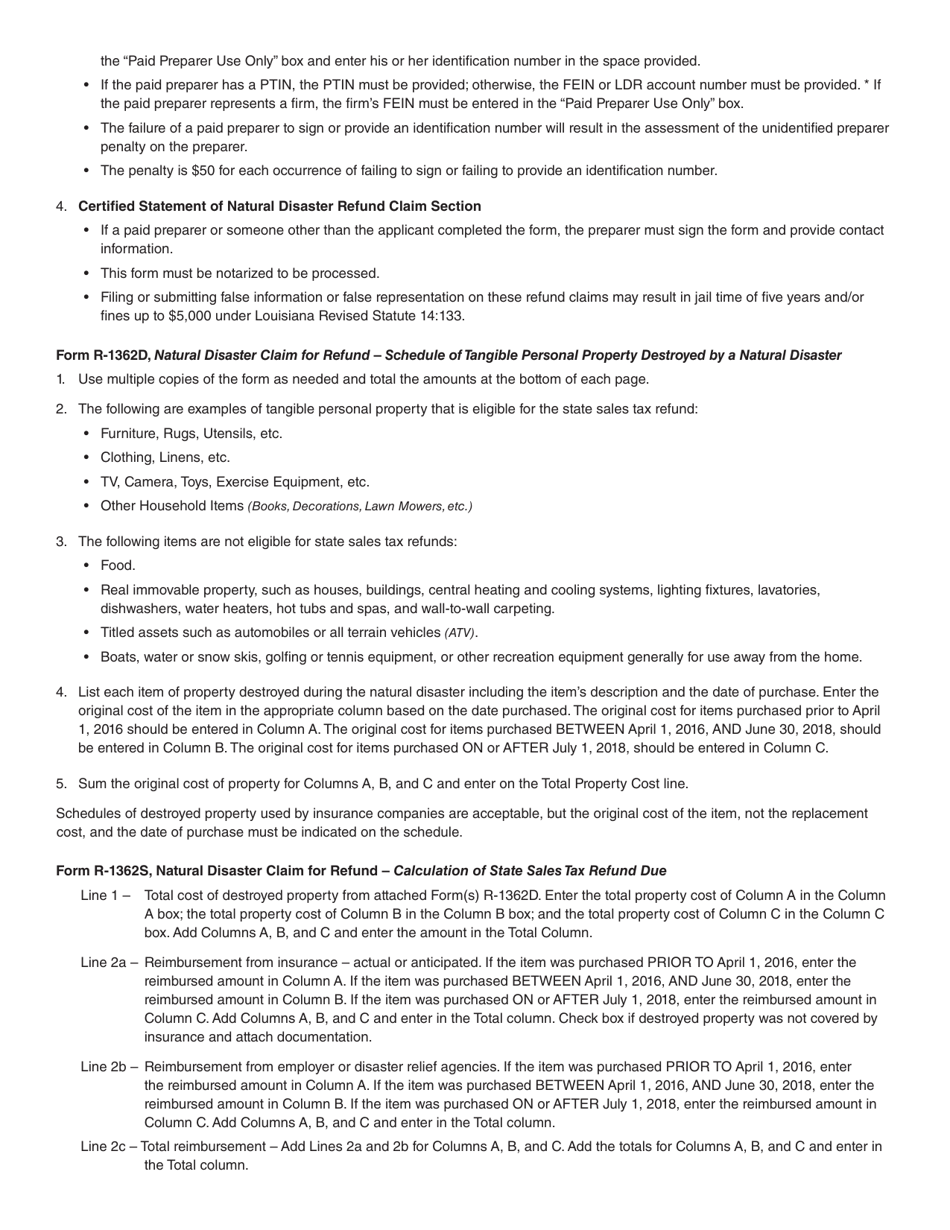 Instructions for Form R-1362 Natural Disaster Claim for Refund of State Sales Taxes Paid - Louisiana, Page 2