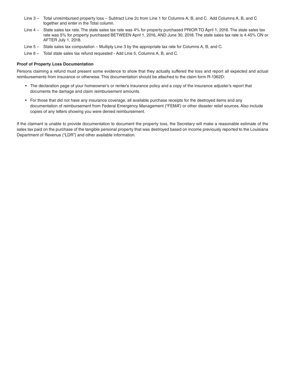 Instructions for Form R-1362 Natural Disaster Claim for Refund of State Sales Taxes Paid - Louisiana, Page 3