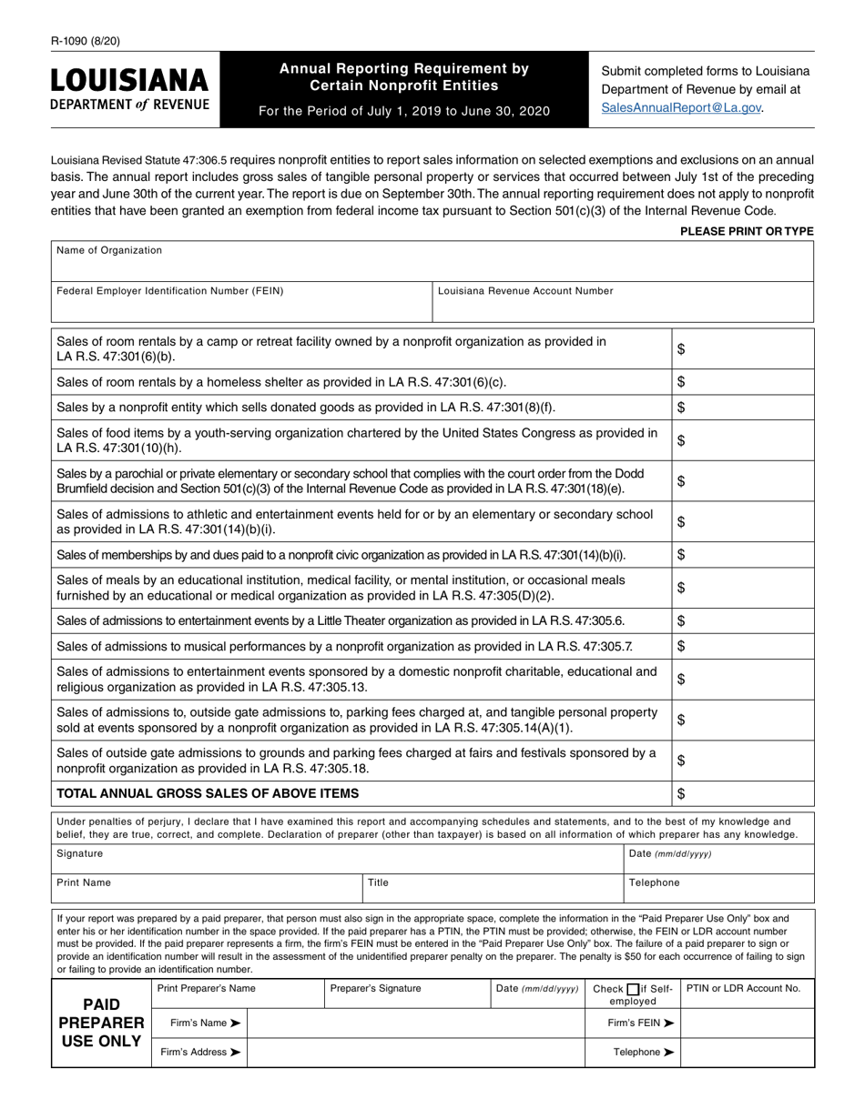 Form R-1090 Annual Reporting Requirement by Certain Nonprofit Entities - Louisiana, Page 1