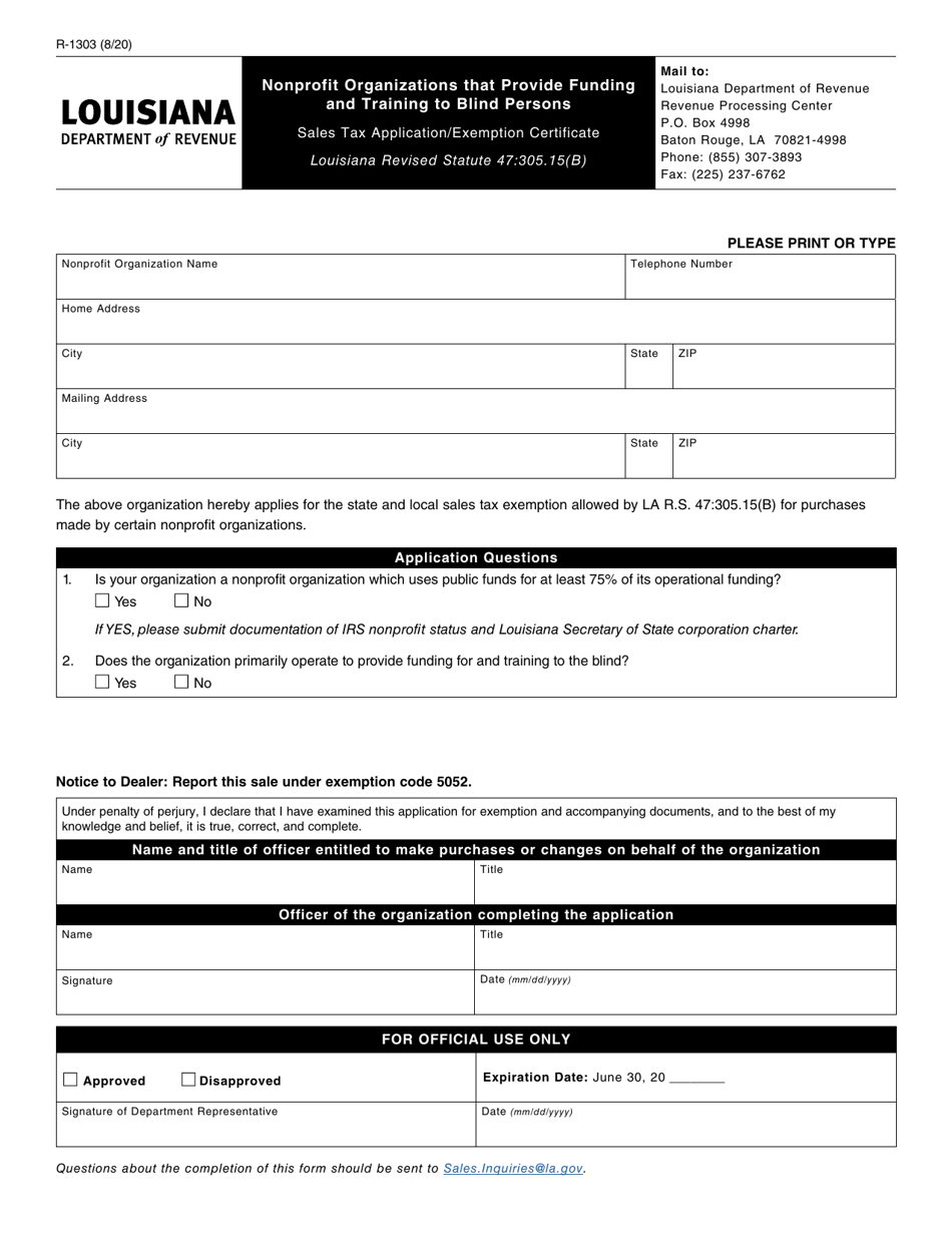 Form R-1303 Application for Exemption for Nonprofit Organizations That Provide Funding and Training to Blind Persons - Louisiana, Page 1