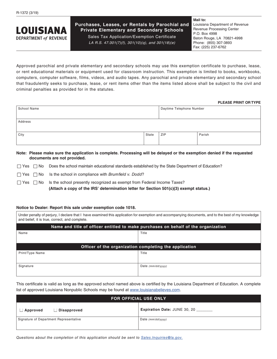 Form R-1372 Purchases, Leases, or Rentals by Parochial and Private Elementary and Secondary Schools Sales Tax Application / Exemption Certificate - Louisiana, Page 1