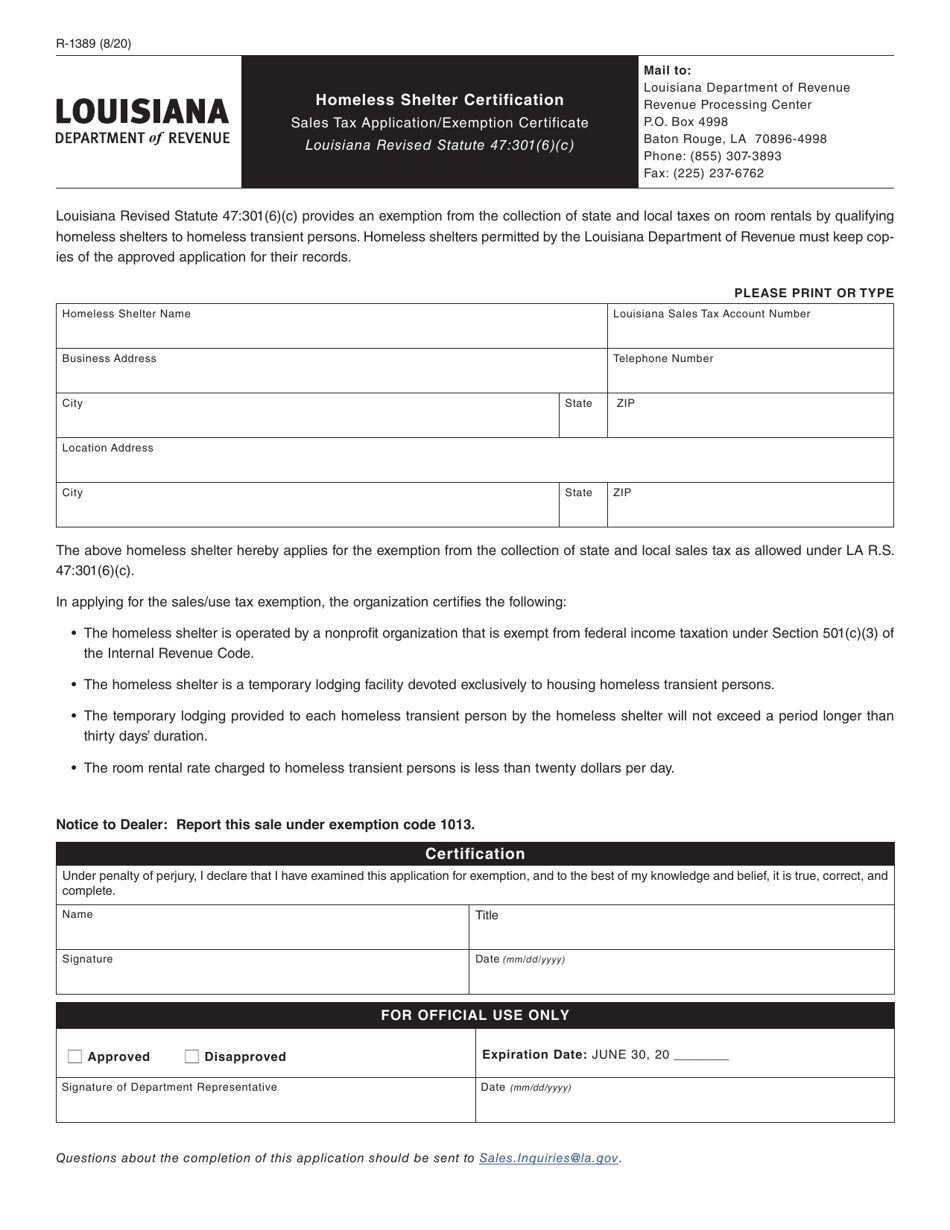 Form R-1389 Homeless Shelter Certification Application/Sales Tax Exemption Certificate - Louisiana, Page 1