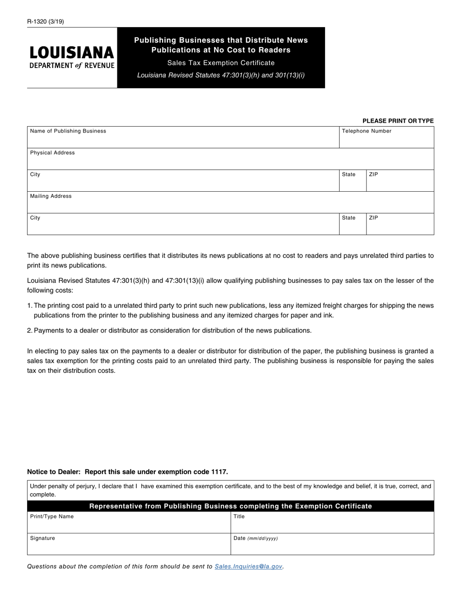 Form R-1320 Publishing Businesses That Distribute News Publications at No Cost to Readers Sales Tax Exemption Certificate - Louisiana, Page 1