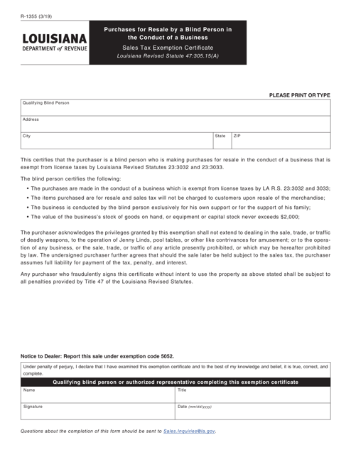 Form R-1355 Purchases for Resale by a Blind Person in the Conduct of a Business - Louisiana