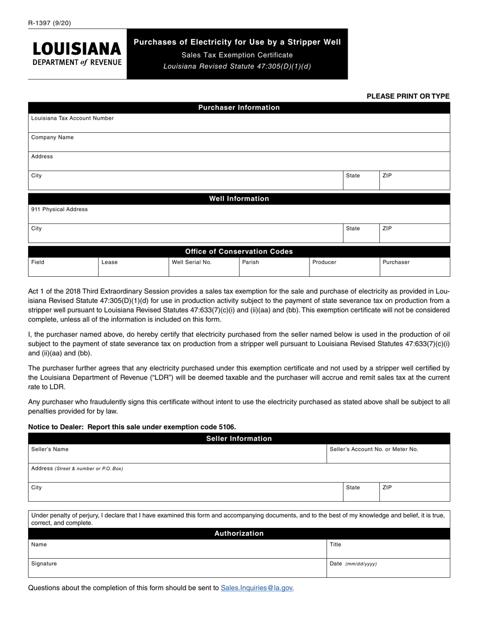 Form R-1397 Purchases of Electricity for Use by a Stripper Well - Louisiana, Page 1