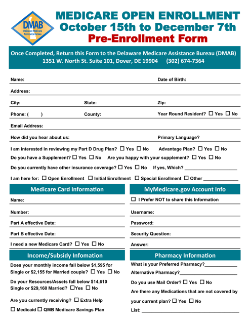 Medicare Open Enrollment Pre-registration Form - Delaware