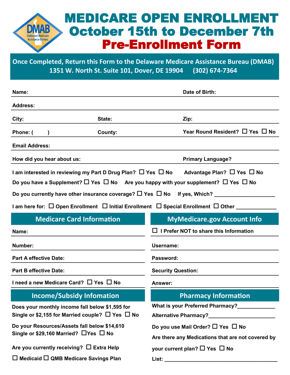 Medicare Open Enrollment Pre-registration Form - Delaware, Page 1