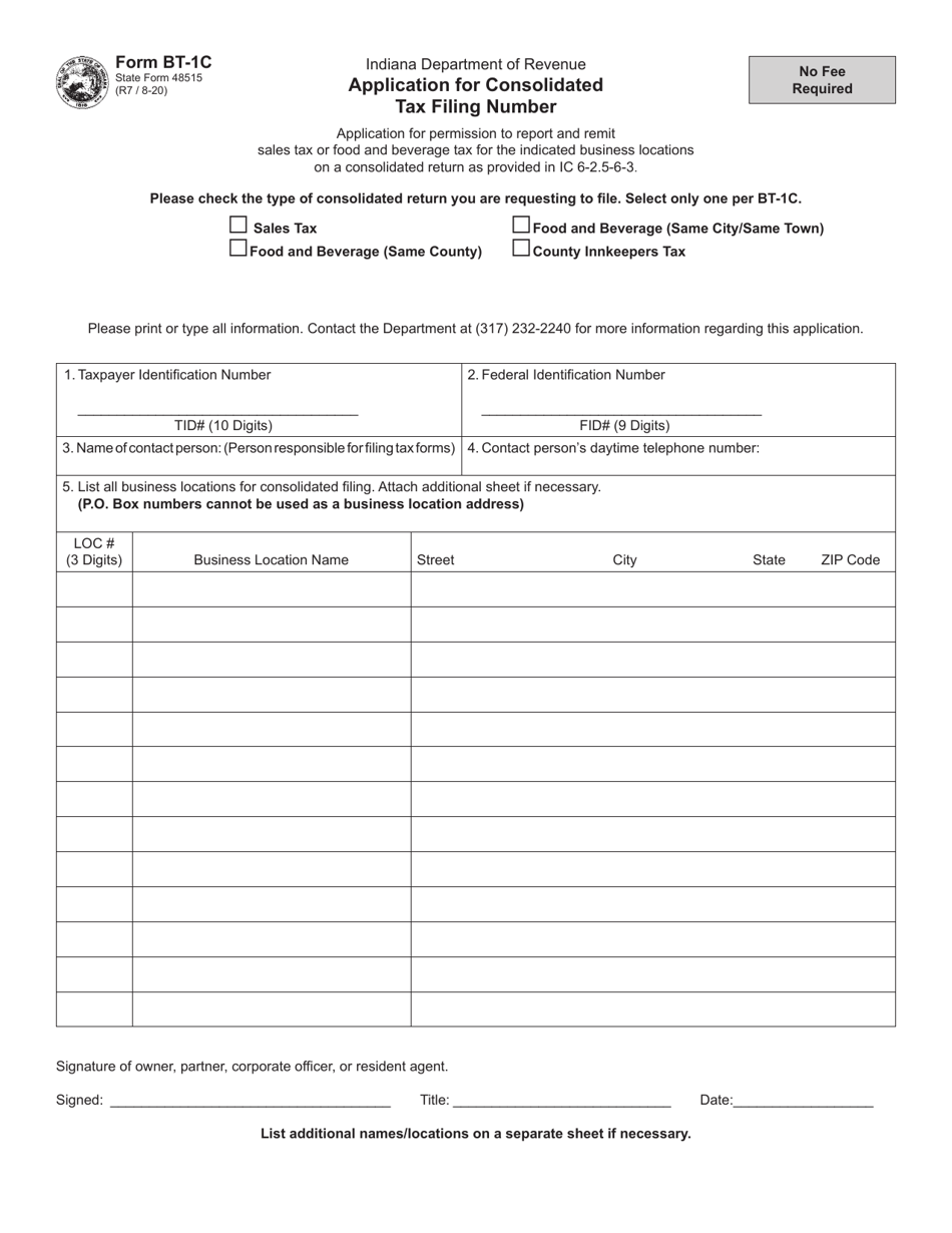 Form BT-1C (State Form 48515) Application for Consolidated Tax Filing Number - Indiana, Page 1