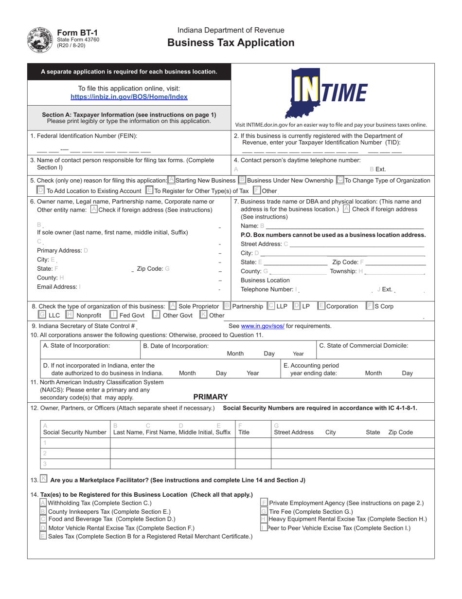 Form BT-1 (State Form 43760) Business Tax Application - Indiana, Page 1