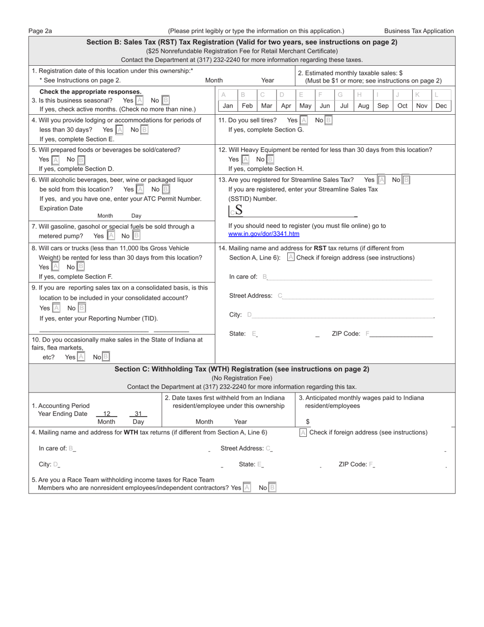 Form BT-1 (State Form 43760) Business Tax Application - Indiana, Page 2
