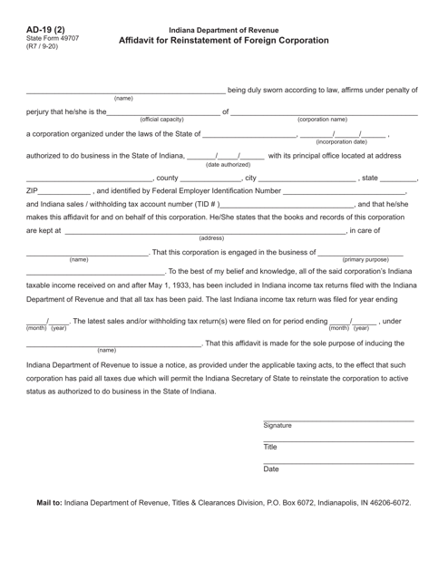 Form AD-19(2) (State Form 49707) Affidavit for Reinstatement of Foreign Corporation - Indiana