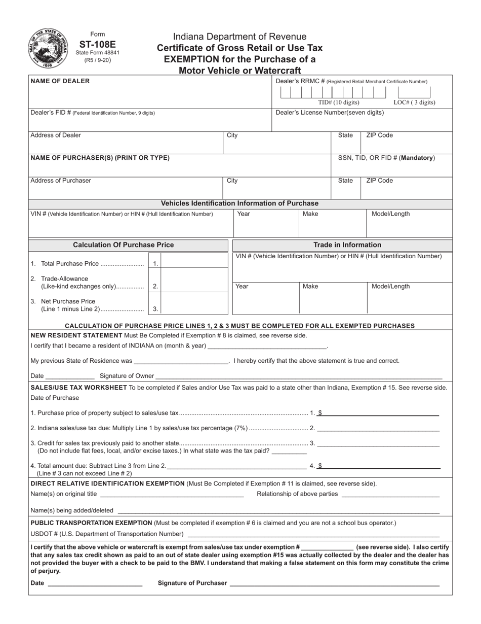 Form ST-108E (State Form 48841) Certificate of Gross Retail or Use Tax Exemption for the Purchase of a Motor Vehicle or Watercraft - Indiana, Page 1