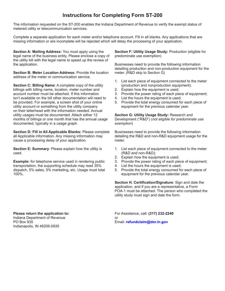 Form ST-200 (State Form 48843) Utility Sales Tax Exemption Application for Purchase of Metered Utility or Telecommunication Services - Indiana, Page 3